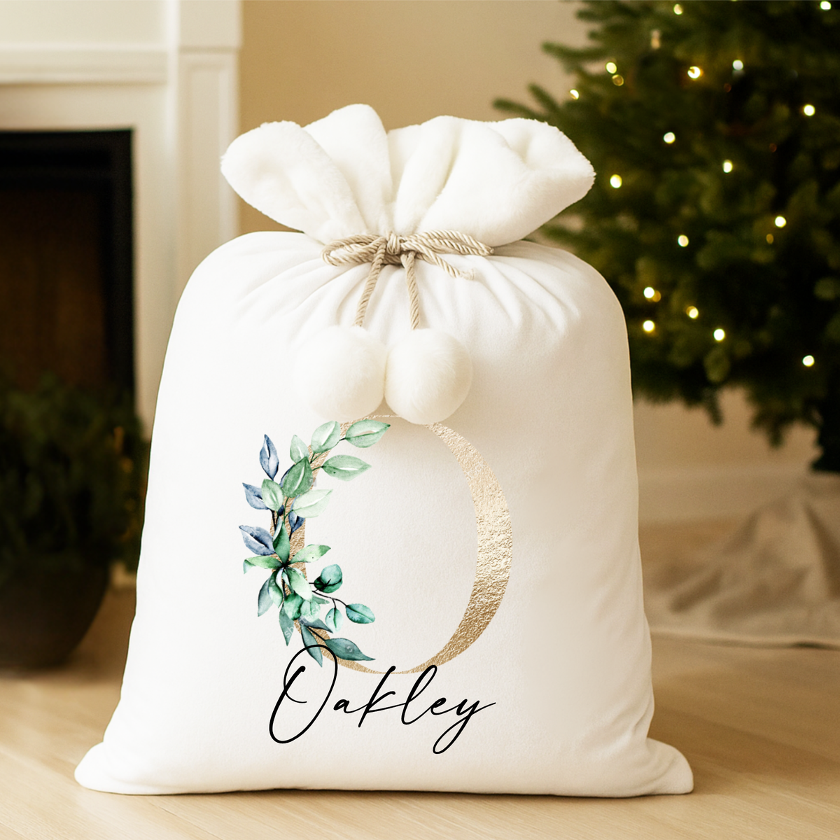Personalised Velvet Christmas Santa Sack | Gold Botanical