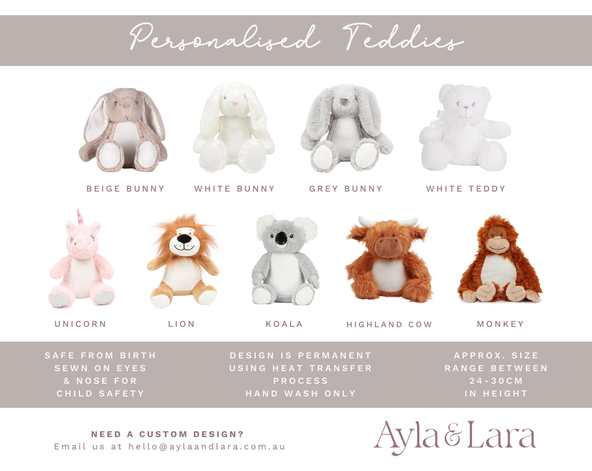 All teddy styles available for personalised gifts – includes bunny, teddy bear, unicorn, lion, monkey, koala, highland cow. Approximately 30cm size