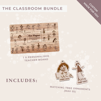 Classroom gift bundle with one teacher board and multiple personalised ornaments — handmade keepsake by Ayla & Lara