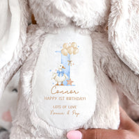Close-up of soft plush bunny showing custom name and message