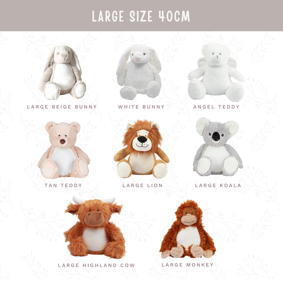 Collection of large stuffed animals with labels on a white background