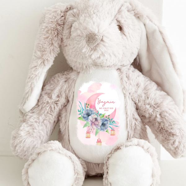 A personalised Eid Mubarak teddy bunny with lanterns and moon. To celebrate Ramadan