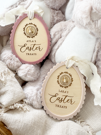 A personalised Easter Basket Tag plaque with a beautiful gold bunny charm and a  dusty rose scallop border.
