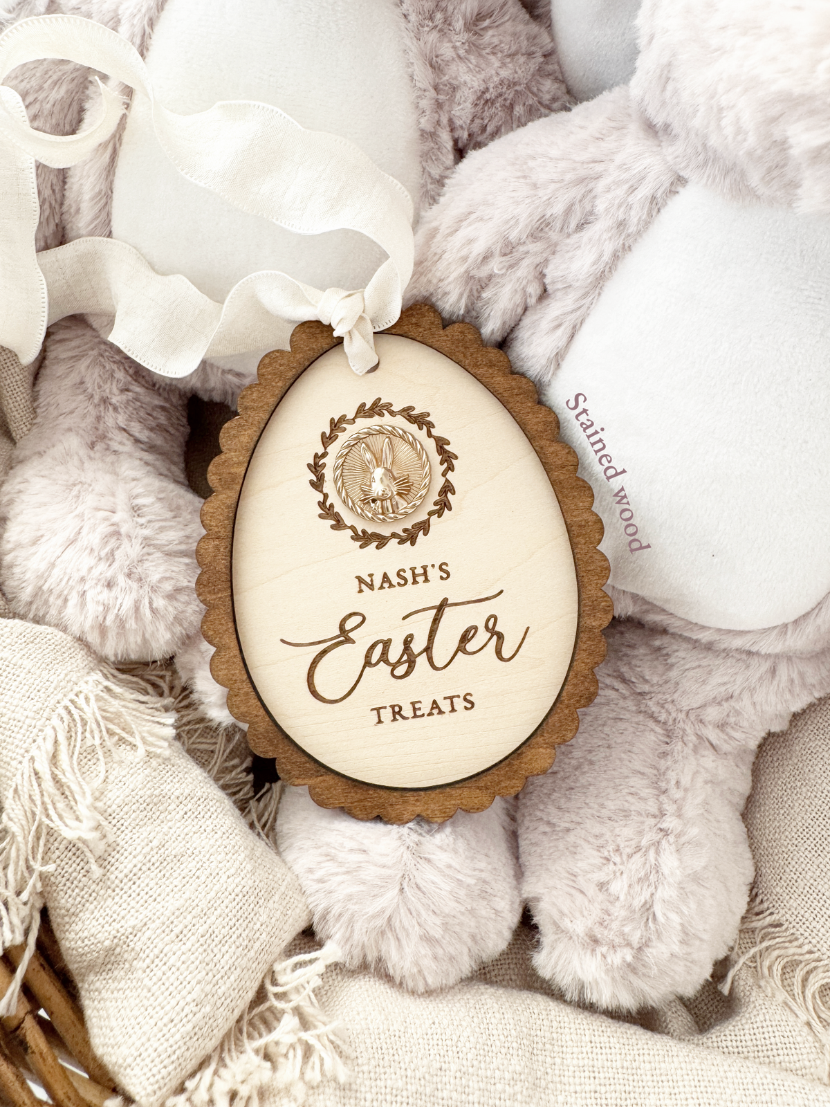 A personalised Easter Basket Tag plaque with a beautiful gold bunny charm and a wood stain border.