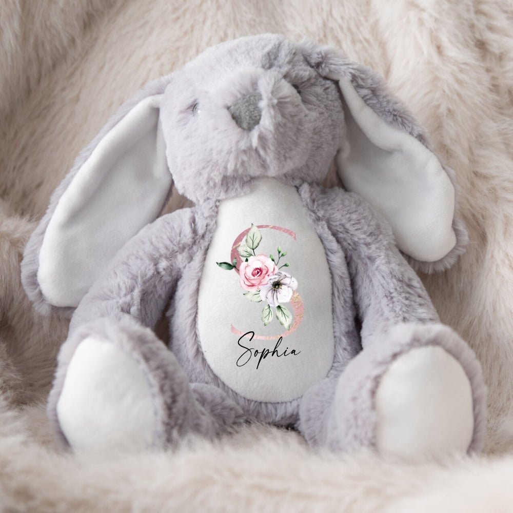 Personalised Grey Bunny - Floral Initial - Ayla & Lara