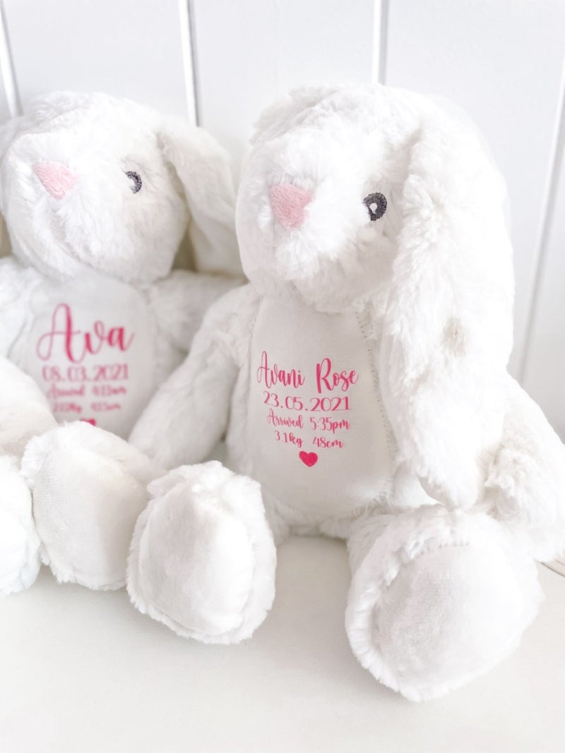 Personalised White Bunny with Birth Details - Ayla & Lara