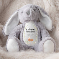 A soft grey bunny rabbit announcing the birth details of a new baby.