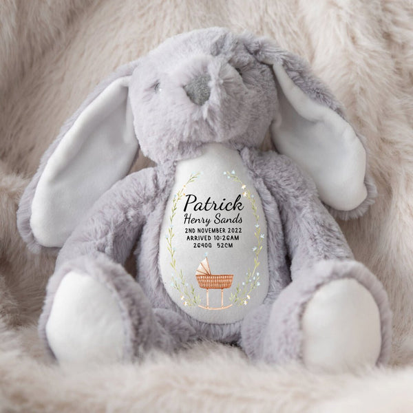 A soft grey bunny rabbit announcing the birth details of a new baby.